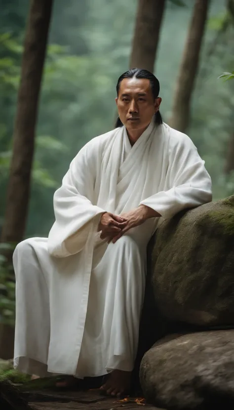 Taoist priests have immortality，Sitting on the stone in white clothes，Face the camera，forest backgrou