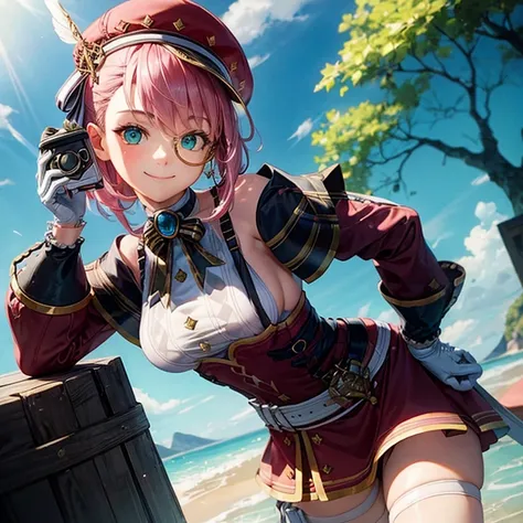 masterpiece, best quality, 1girl, smile, closed mouth, camera, pink hair, solo, hat, gloves, sketch, holding, red headwear, sexy pose, thigh strap, looking at viewer, blue eyes, bangs, skirt, beret, medium hair, red skirt, green eyes, side boobs, medium bo...