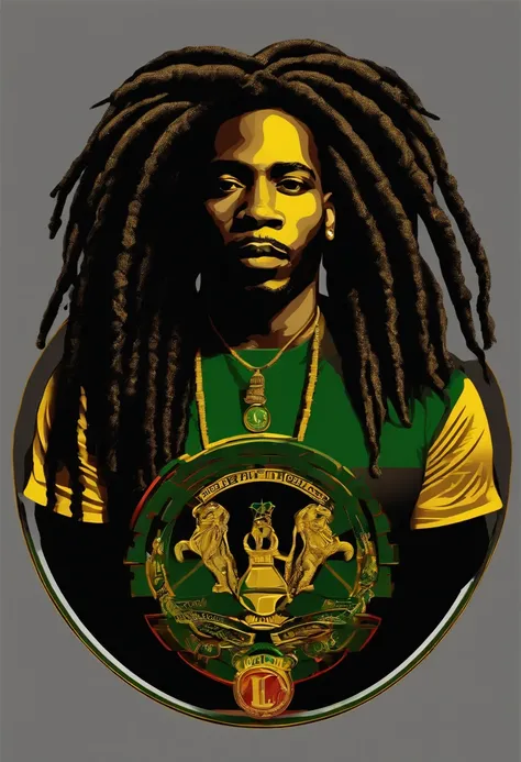 Create a logo with the head of a black man with dreadlocks in black colors, verde, amarelo e vermelho (olhando para a frente) , imagem estilo logomarca , Sober, (fundo preto), Image with resolution of at least 300dpi, UHD 8k, Very high quality for excellen...