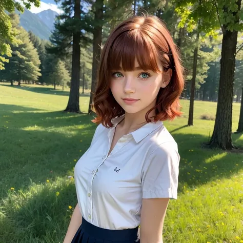 1girl, pretty face, 18 years old, red hair, short hair, hair curled at the end, bangs, hair very neat, green eyes, yellow shirt, bright yellow button-down top, school girl brown skirt BREAK standing, open meadow, forest, mountains in background