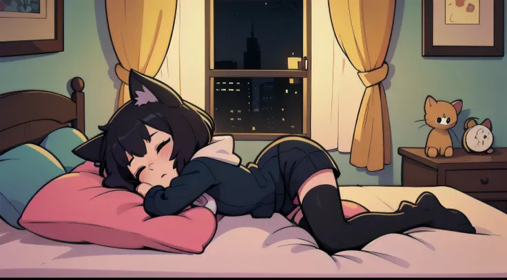 a girl, cat ear, sleeping, full body, a bed with stuffed animals, a colorful room, a window, night