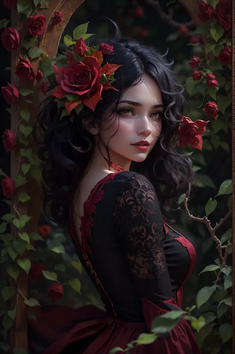 (a)girl,(a)portrait,(best quality,4k,8k,highres,masterpiece:1.2),ultra-detailed,(realistic,photorealistic,photo-realistic:1.37),cute face,red lips,hazel eyes,long black lashes,curly hair with devil horns,bright red devil tail,dark red wings,playful smile,i...