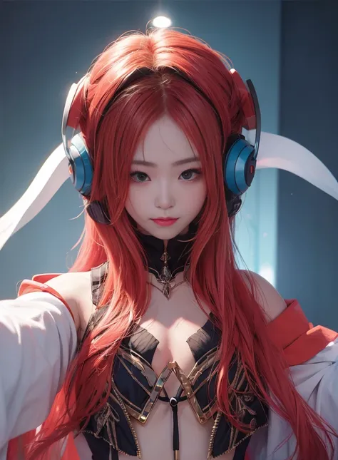 red hair and long hair，Nice face，blue and black bikini，Heterochromatic pupil，ssmile，apathy，比基尼，Full body photo，the soft light，Headsets