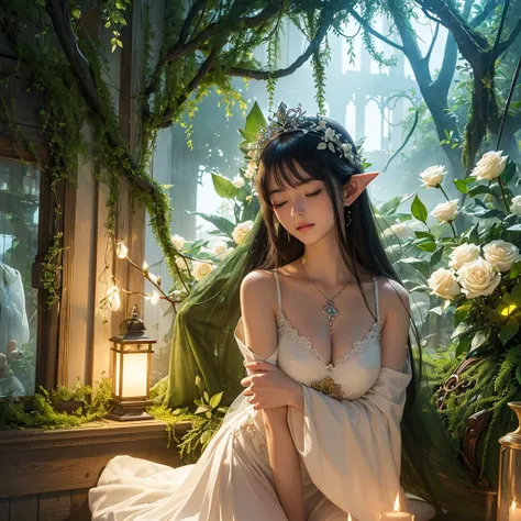 (Best quality at best,4K,8K,A high resolution,tmasterpiece:1.2)，（（（a plant elf，Glowing appearance，Extremely peaceful and beautiful,The body and surroundings are covered with white roses and dense vines,Plants cover face and body，Lateral face, Kneeling pose...