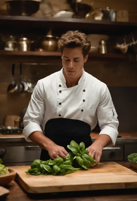 A photo of Carmy carefully arranging a selection of freshly picked basil leaves on a cutting board,The Bear,Carmen “Carmy” Berzatto, portrayed by actor Jeremy Allen White, is a young chef with a lean and agile build, reflecting his bustling energy in the k...