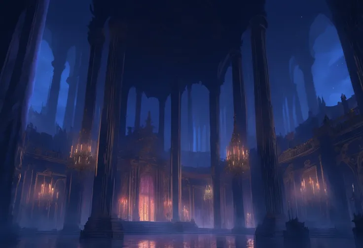 (nighttime scene), terror,  Underground palace,High pillars，vampire&#39;s abode，palace of versailles, fearsome, temple，Heavy fog environment,  cellshading, k hd, high high quality, Cinematic