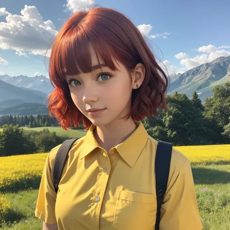 1girl, pretty face, cute face, 18 years old, red hair, short hair, hair curled at the end, bangs, hair very neat, green eyes, yellow shirt, bright yellow shirt, bright yellow button-down top, school girl brown skirt, school girl BREAK standing, open meadow...