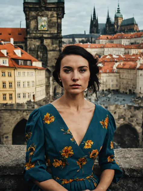 portrait of sks woman in Prague, at the Prague Castle, by Flora Borsi, style by Flora Borsi, bold, bright colours, ((Flora Borsi)), by Gregory Crewdson,