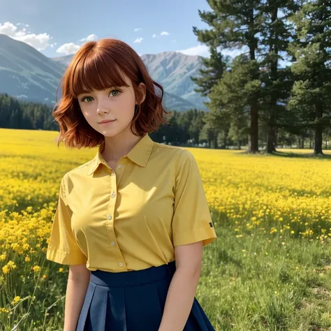 1girl, pretty face, cute face, 18 years old, red hair, short hair, hair curled at the end, bangs, hair very neat, green eyes, yellow shirt, bright yellow shirt, bright yellow button-down top, school girl brown skirt, school girl BREAK standing, open meadow...