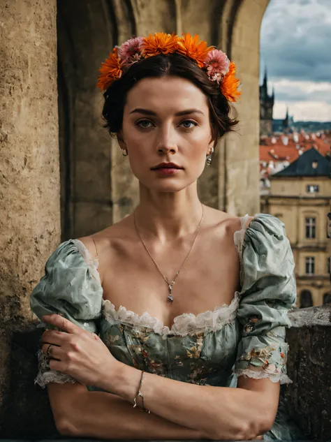 portrait of sks woman in Prague, at the Prague Castle, by Flora Borsi, style by Flora Borsi, bold, bright colours, ((Flora Borsi)), by Gregory Crewdson,