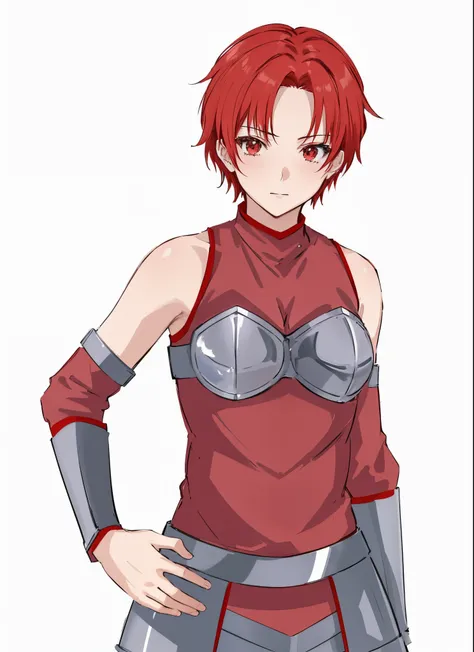 anime girl with red hair and a red top and silver armor, female anime character, anime style character, lady in red armor, anime fencer, female protagonist 👀 :8,