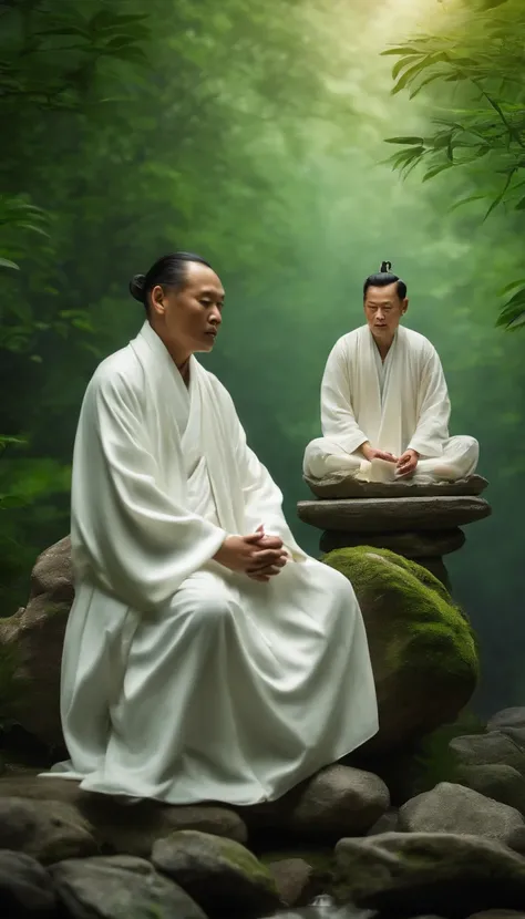 Taoist priests have immortal demeanor，Sitting on the stone in white clothes，Green background