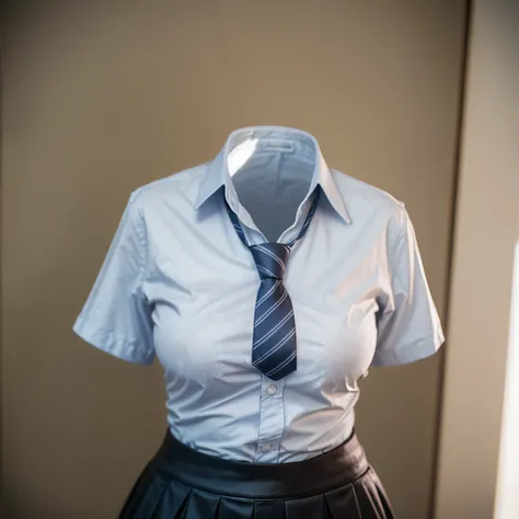 (chubby, fat), collared shirts, white shirts, short sleeve, tie, blue stripe tie, school, short skirt, dark grey skirt, school tie, (invisible, no humans, headless, faceless:1.5), (cute big breasts), (close-up shot of hip), photon mapping, radiosity physic...