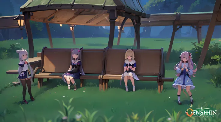 5 costumed anime girls are sitting on a bench in a field, O impacto de Ayaka Genshin, ayaka jogo Impacto Genshino, Estilo de pista Azur, Estilo Genshin Impact, Capturar, Fazer videogame Azur Lane, Anime estilizado, Floating robes, in - jogo, No jogo, Estil...