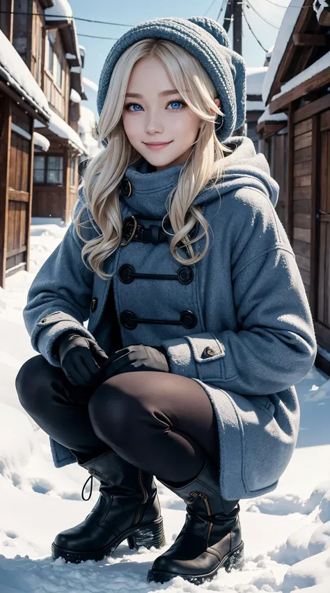 25-year-old Caucasian woman、platinum-blonde、blue eyess、Semi-long、My hair is wavy、a smile、My abs are cracked、a smile、slim muscular body、I don&#39;t want my head to disappear from the screen.、Wearing a duffel coat、wearing woolen gloves、I&#39;m in a snowy tow...