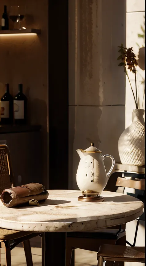 Close-up of the scene，scene capture，tmasterpiece，Corner cafe entrance，Several tables，A few chairs，(( a wine glass on the table ))，claret，coffee mug，During the day，Street side，Winter sun，Winters，There is snow，Snowman on the roadside，c4d，Empty product displa...