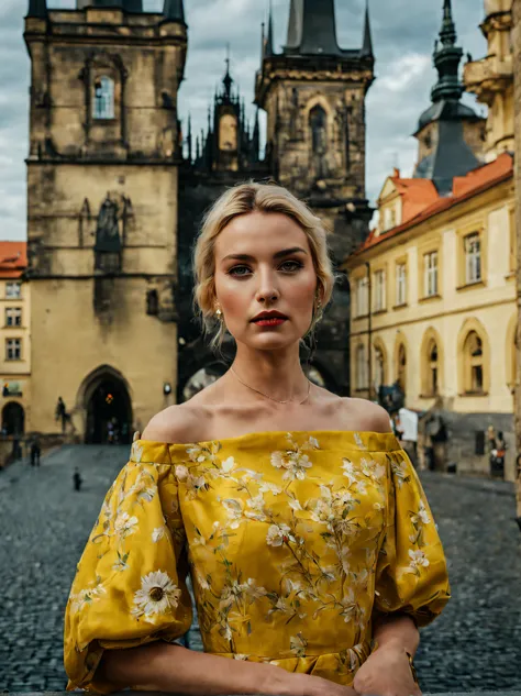 portrait of sks woman in Prague, at the Prague Castle, by Flora Borsi, style by Flora Borsi, bold, bright colours, ((Flora Borsi)), by Gregory Crewdson,