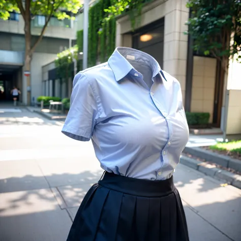 (chubby, fat), collared shirts, white shirts, short sleeve, tie, blue stripe tie, school, short skirt, dark grey skirt, school tie, (invisible, no humans, headless, faceless:1.5), (cute big breasts), (close-up shot of hip), photon mapping, radiosity physic...