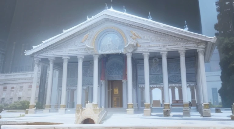 there is a big building，There are pillars and clocks on it, palace background, neoclassical police station, The temple of truth is white, A palace floating in the air, Huge palace, Screenshot of the animated movie, anime movie screenshot, Screenshots from ...