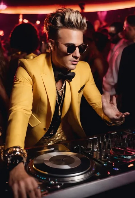 A photo of Zane DJing in a packed nightclub, surrounded by flashing lights and a sea of enthusiastic fans.,original,a flamboyant and notorious DJ, is known for his ostentatious style, often sporting flashy designer outfits, oversized sunglasses, and a cons...