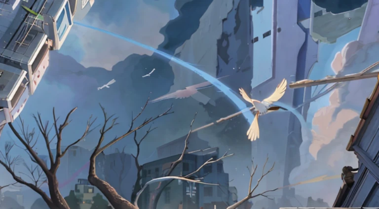 There is a bird flying over a tree in the city, Claymore anime background, Animated static screenshot, anime movie backgrounds, Screenshot of the animated movie, animated movie still, animated movie still, background artwork, anime movie screenshot, random...