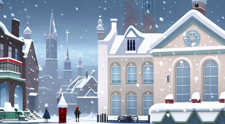 Snowy scene of a city with churches and carriages, House background, Arte conceitual de inverno, Small town background, background artwork, Thick winter aesthetics, arte de fundo, highschool background, palace background, random background scene, Snowy env...