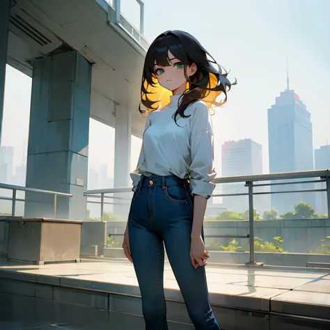 on a sunny day, standing in front of a large window of a building in the center of Seoul in South Korea, a woman dressed in dark jeans and a white shirt, shoulder-length curly hair and green eyes, observes the landscape.