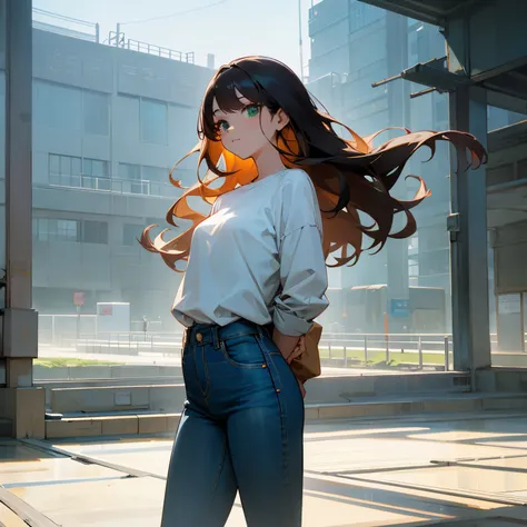 on a sunny day, standing in front of a large window of a building in the center of Seoul in South Korea, a woman dressed in dark jeans and a white shirt, shoulder-length curly hair and green eyes, observes the landscape.