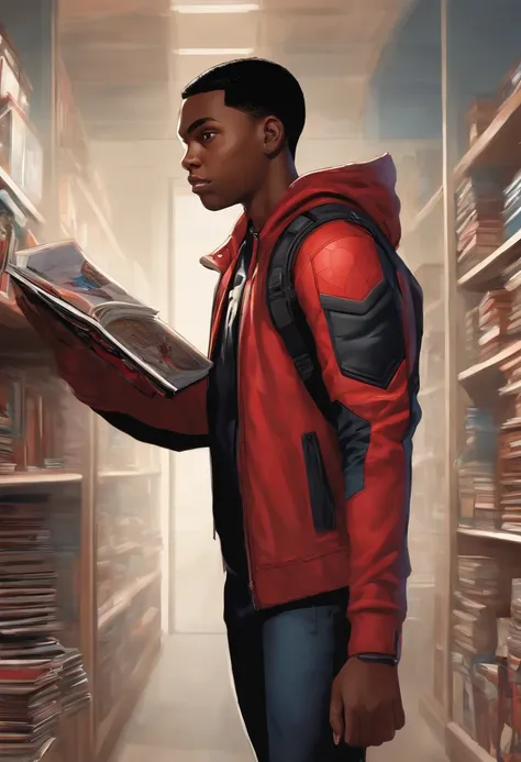 An image of Miles browsing through a collection of art books at a local bookstore.,Marvel Comics,Miles Morales, the dynamic character from the “Spider-Man” universe, is a young, black athletic teenager with a lean build, often seen in his distinctive black...