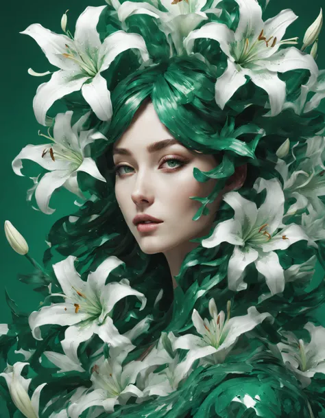 double contact，An explosion of emerald green and white lilies，Close up of girls face，（the lilies：1.1）,Rendered by Octane，unreal-engine，Rococo paper cutting，