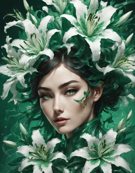 double contact，An explosion of emerald green and white lilies，Close up of girls face，（the lilies：1.1）,Rendered by Octane，unreal-engine，Rococo paper cutting，