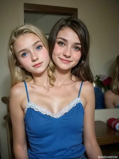 2heads, two headed girl, (13 year old girl:1.5), (blonde and brunette:1.3)