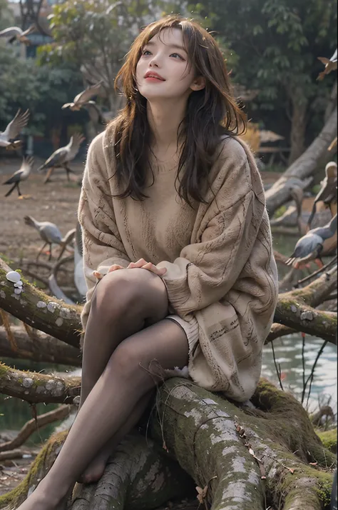 On a refreshing morning with a calm atmosphere, lush lake, A 28 year old brunette with messy hair is sitting on a tree stump.. she wears thick clothes, She is wearing a long-sleeved beige short knit dress and thin black pantyhose.。. Engaged in playful inte...