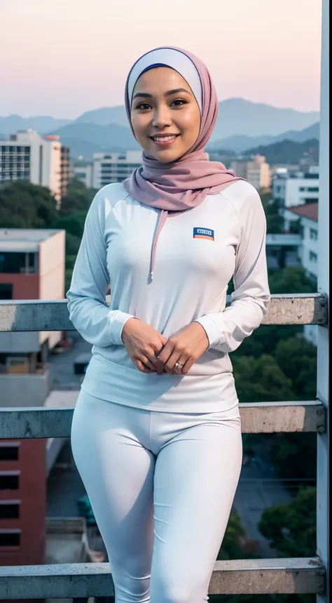 1 malay woman with plain hijab. 30 years old. cute smile. beautiful face. medium breast. wear a safety helmet. wear a hoodies with named "AINIE"  light white legging.  evening  view. beautiful photo 4k remastered. walking at scaffold area