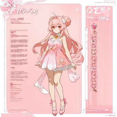 anime girl with long pale pink hair and in a pink dress, anime character reference sheet, reference sheet, full body!, [ charact...