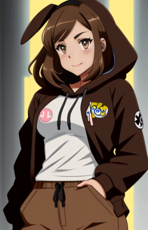 Tan Pokémon bunny girl with dark brown hair and dark brown yes and she’s wearing a glowing hoodie and cargo pants make her anime