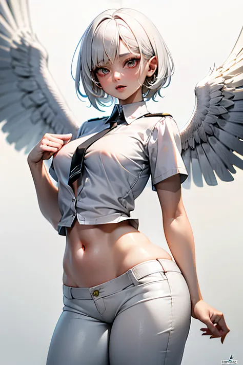 Cute girl, short hair, hawk eyes, has wings like a bird, wears a white shirt and short pants,Two wings are white, adult girl, Two large wings, White hair, sexy body, Bird, White bird