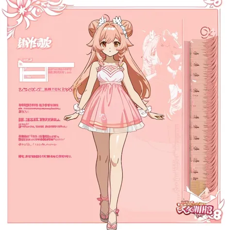 anime girl with long pale brownish pink hair and in a pink dress, anime character reference sheet, reference sheet, full body!, ...