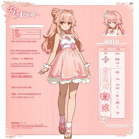 anime girl with long pale brownish pink hair and in a pink dress, anime character reference sheet, reference sheet, full body!, ...