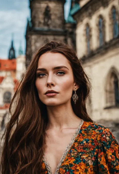 portrait of sks woman with long brown hair in Prague, at the Prague Castle, by Flora Borsi, style by Flora Borsi, bold, bright colours, ((Flora Borsi)),