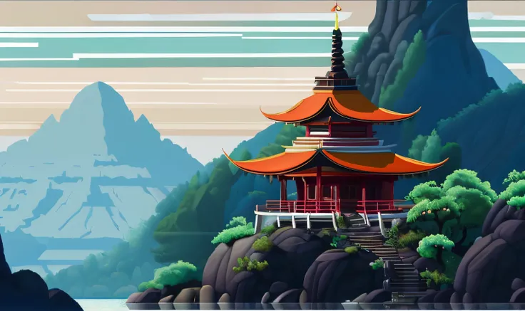 There is a digital painting of a pagoda on a mountain, digital painting of a pagoda, dojo on a mountain, a temple background, Zen temple background, background depicting a temple, Beautifully detailed pixel art, concept pixelart, Detailed pixel art, detail...