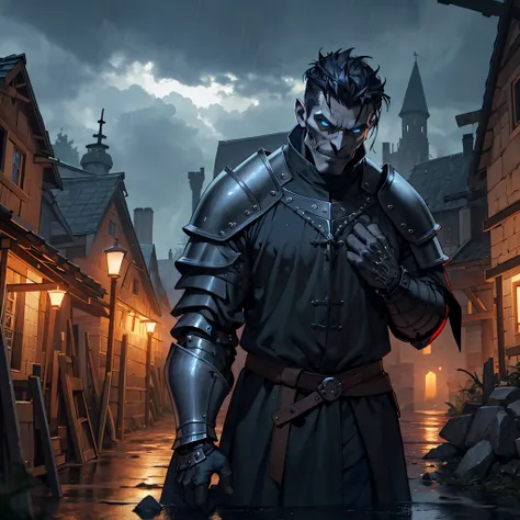 ​masterpiece, Best Quality, detailed, 4k, Cinematics, Background with: Inside the illuminated medieval village in front of the medieval castle on a rainy night, dark clouds, thunderstorm, black knight in black steel armor (Middle aged man with short dark b...