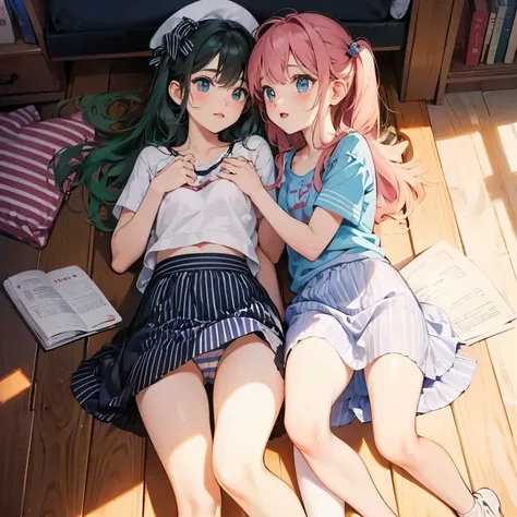 Cute sisters are hugging and playing,Upskirt event,Striped cotton panties,