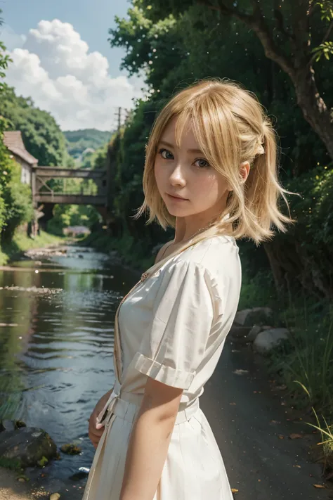 anime girl with blonde hair and white blouse sparking  her adventurous spirit in a  picturesque countryside landscape with rolling hills, a meandering stream, and a quaint village nestled amidst the greenery, digital art by Kentaro Miura, trending on cg so...