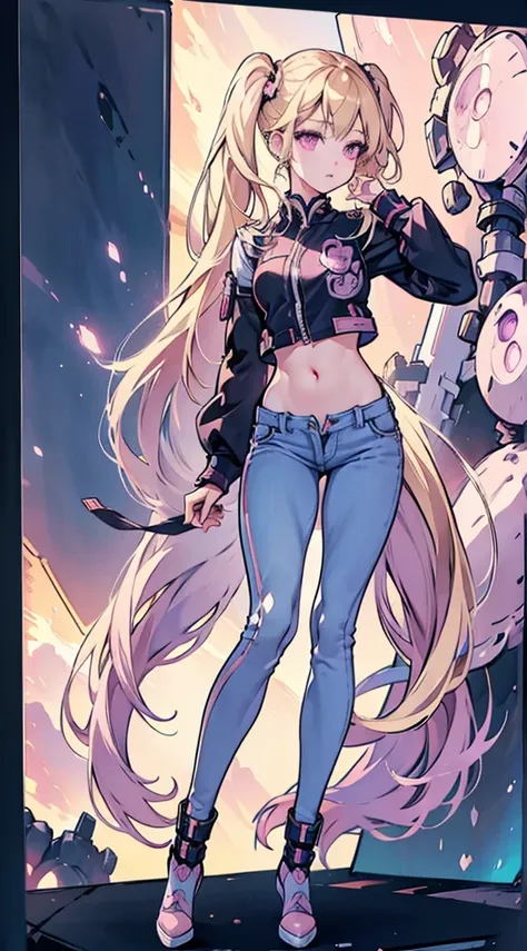 blonde twintails、pink eyes、navel ejection、full-body standing figure、girl with、heel shoes、skinny jeans、8k high quality illustrati...