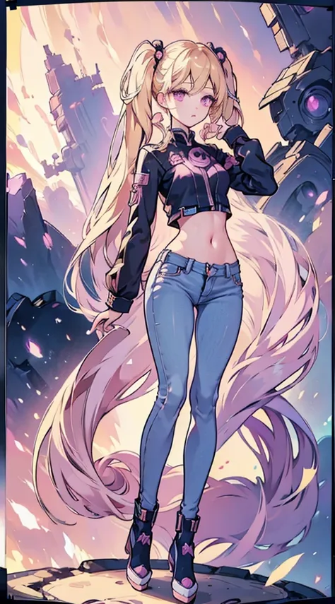 blonde twintails、pink eyes、navel ejection、full-body standing figure、girl with、heel shoes、skinny jeans、8k high quality illustrati...