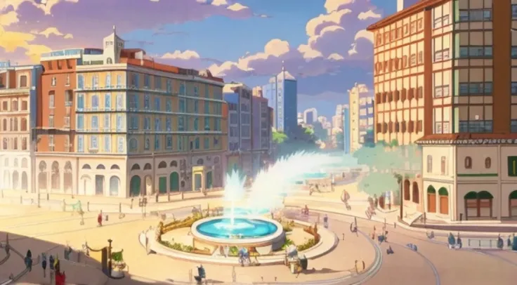 There is a painting of the city，There is a fountain in the middle, Rio de Janeiro in an animated film, anime style cityscape, beautiful anime scenes, anime movie screenshot, hd anime cityscape, anime scene, Screenshot of the animated movie, Downtown backgr...