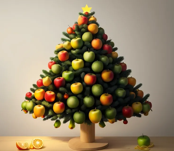 Simple drawling like Christmas tree decorated with bananas, apples, lemons, oranges, watermelon, kiwis and rainbow flags make it a 960x540