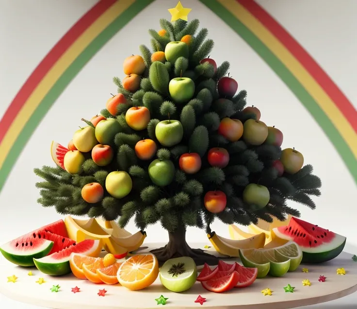 Simple drawling like Christmas tree decorated with bananas, apples, lemons, oranges, watermelon, kiwis and rainbow flags make it a 960x540