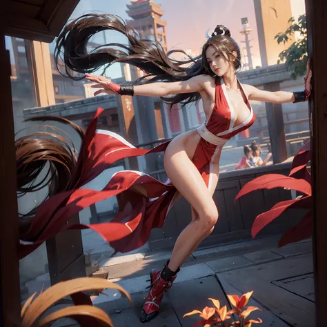 mai shiranui, (Full body portrait:1.4), Full body, (tabi:1.4), (Realism), (masutepiece:1.2), (Best Quality), (ultra-detailliert), (8K, 4K, Convoluted), (skinny), Prestige, Brown eyes, Long hair, Brown hair, White ribbon, Sleeveless, poneyTail, sash, pelvis...